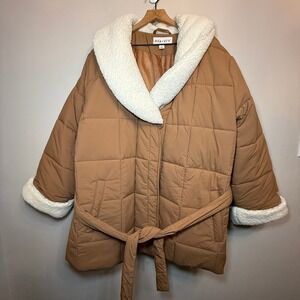 Ava & Viv Women's Belted Faux Shearling Puffer Jacket Tan Size 4X